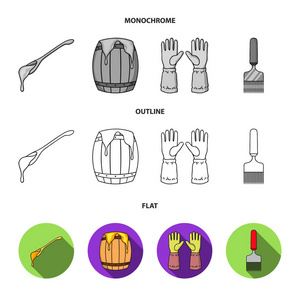 一勺蜂蜜防护手套一桶蜂蜜一把叉子。蜂房集合图标在平面, 轮廓, 单色样式矢量符号股票插画网站