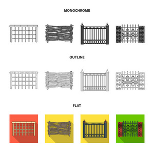 一块金属和砖块的栅栏, 木栅栏。一个不同的围栏集合图标在平面, 轮廓, 单色风格矢量符号股票插画网站
