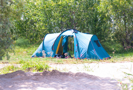 在夏天在树林里旅游帐篷