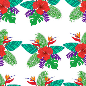 热带叶棕榈, 花芙蓉, 鸟天堂的无缝图案背景。装饰奇特的植物开花, 黑色背景色。矢量手绘涂鸦传单卡