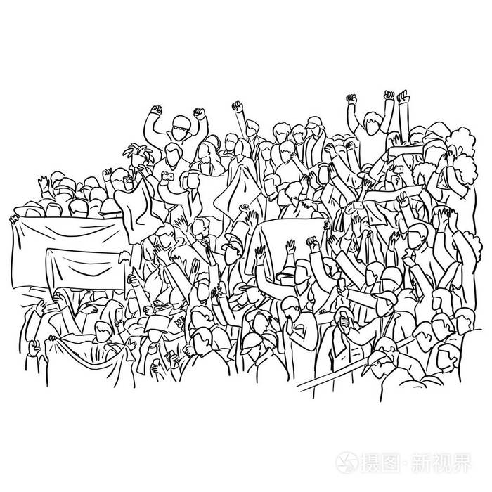 一群球迷欢呼他们的足球队在体育场看台上的胜利向量插图草图涂鸦手绘