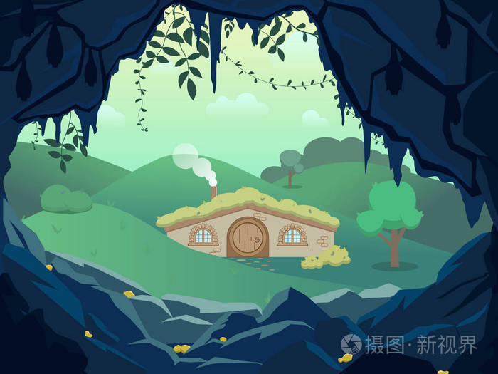 插画 梦幻景观与 gnome 房子之间的森林丘陵和金色的洞穴, 矢量手绘