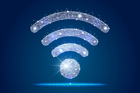 wifi 图标抽象设计, 在空间背景下从低聚线框中分离出来。抽象多边形图像的混合线和点。数字图形插图