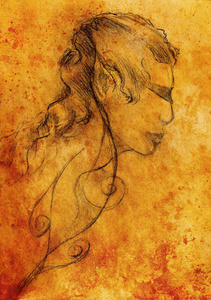 艺术绘图美丽精神精灵女孩的脸和棕褐色背景
