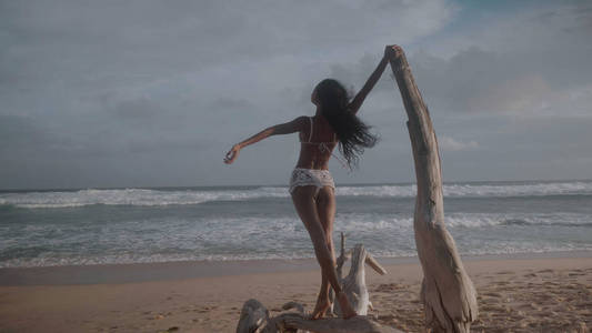 美丽的快乐女孩站在倒下的树在沙滩上, 在惊人的日落