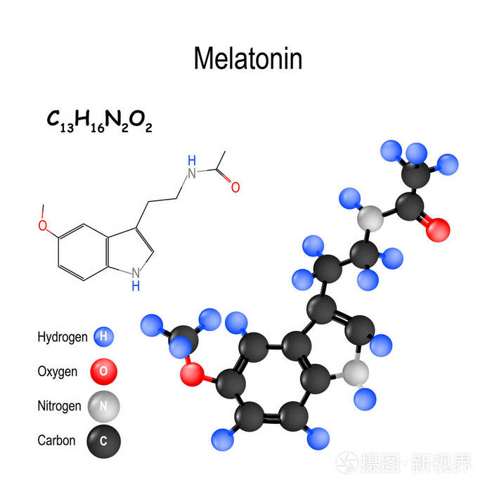 分子的结构.褪黑素分子的化学公式和模型.