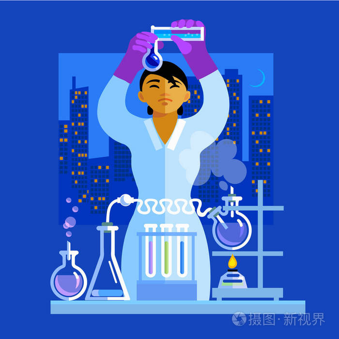年轻漂亮的亚洲女科学家手持烧瓶, 在实验室工作, 学生正在学习化学.