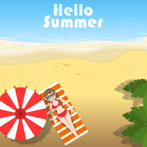 夏季假期旗帜。矢量图顶视图的海滩和大海，撑一把伞的日光浴女孩
