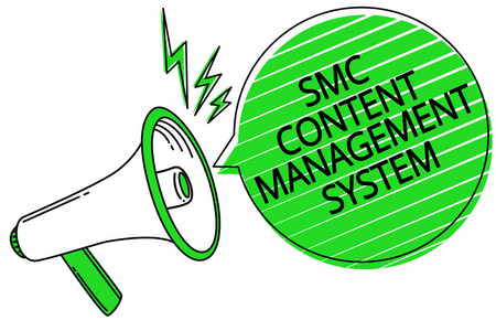 显示 Smc 内容管理系统的文本符号。概念照片 mangae 创建和修改帖子扩音器扬声器绿色语音气泡条纹重要的响亮消息