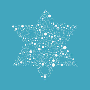 Rosh 新年假日平面设计白色细线图标设置在大卫形状的星