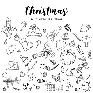 圣诞套装, 素描圣诞树, 花圈, 装饰品, 蜡烛和糖果手杖。黑白相间