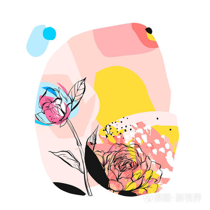 插画 手绘矢量抽象艺术不寻常插图创作与图形牡丹花在柔和的颜色.