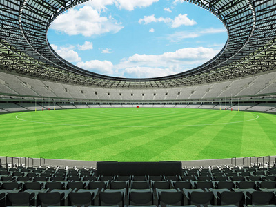 美丽现代圆澳式橄榄球体育场与白色的椅子和 5 万球迷的贵宾包厢