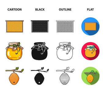 一架蜂窝, 一包蜂蜜, 一 fumigator 蜜蜂, 一罐蜂蜜。蜂房集合图标在卡通, 黑色, 轮廓, 平面风格矢量符号股票插画