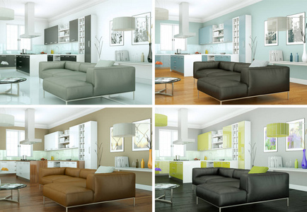 四明亮的房间与沙发的颜色变化