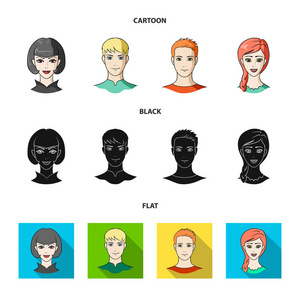 年轻人的不同外貌。头像和脸集图标在卡通, 黑色, 平面式矢量符号股票插画网站
