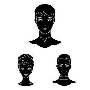 头像和脸黑色图标在集合中的设计。一个人的外观矢量符号股票插图