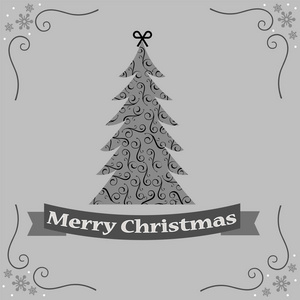 美丽的贺卡与圣诞树模式和雪的新年假期和圣诞节在12月冬季的灰色背景与文字和丝带