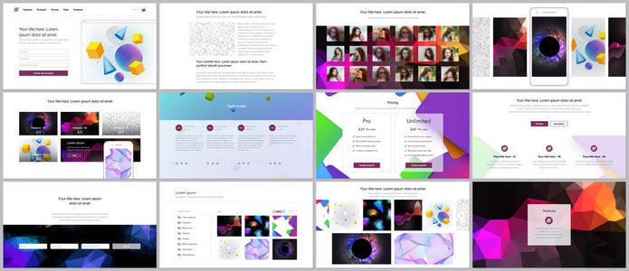 网站设计的矢量模板, 最小的演示文稿, 充满活力的几何背景的组合, 使时髦风格的简单形状。用户界面, 用户体验, Gui。标题