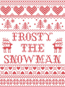 圣诞节模式霜的雪人矢量无缝模式的灵感来自北欧文化节日冬季十字绣与心脏, 雪花, 驯鹿, 圣诞树饰品在红色和白色