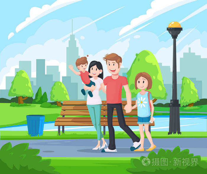 快乐的家庭在公园散步.自然休息.快乐家庭问候野餐卡概念