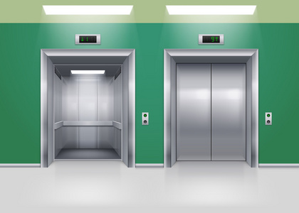 打开和关闭的现代金属电梯门。展馆内部在绿颜色