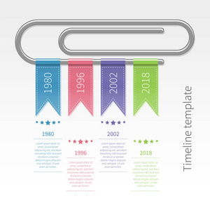矢量彩色图表时间轴模板与回形针和丝带。扁平式经营理念