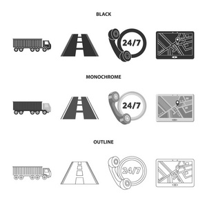 围绕时钟, 道路, 卡车, 太平绅士. Loqistic, 设置集合图标黑色, 单色, 轮廓样式矢量符号股票插画网站