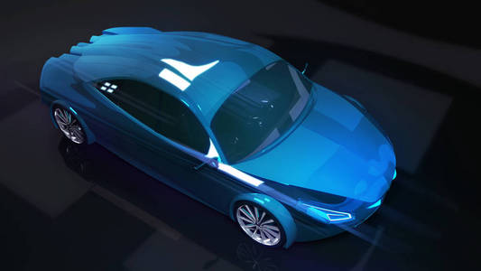 蓝色现代高速车在黑暗背景下, 3d 渲染, 我自己的汽车设计理念
