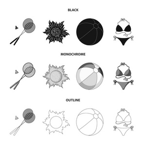 一个羽毛球, 一个球和一个太阳的游戏。夏季假期集图标黑色, 单色, 轮廓样式矢量符号股票插画网站