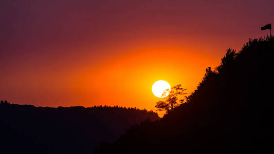 美丽的黄色的天空日落前的阴影树上的山丘酒厂与单一标志在傍晚