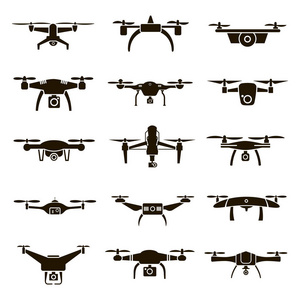 在白色背景上设置不同 quadcopters 的15个矢量黑色图标