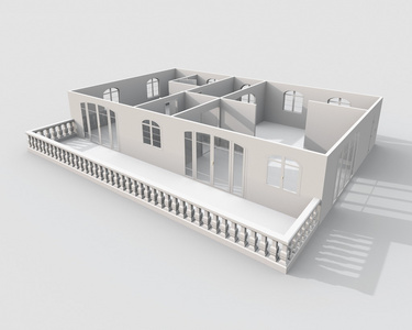 3d 内部呈现的空斜家公寓带栏杆  房间 卫生间 卧室 厨房 客厅里 大厅 入口 门 窗口 阳台