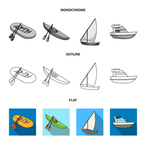 一艘橡皮渔船, 一只划着桨的独木舟, 一条钓鱼帆船, 一辆摩托游艇。船舶和水运集合图标在平面, 轮廓, 单色风格矢量符号股票插画