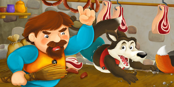 卡通场景的抓住狐狸和狼从偷食物储藏室的男人