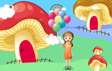蘑菇房附近有气球的女孩