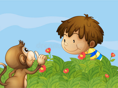 一只猴子和一个男孩在花园里聊天