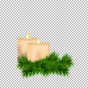 圣诞节和新年装饰用蜡烛和云杉树枝隔绝在透明的背景。矢量插图