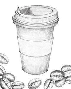 咖啡豆杯咖啡手画。矢量插图