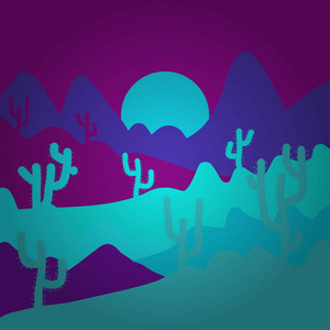 向量。蓝色, 紫色, 紫罗兰色的插图。场景为您的设计。在简单的简约扁平风格。柔和自然风景与蓝色, 紫色和紫罗兰色的天空, 沙漠