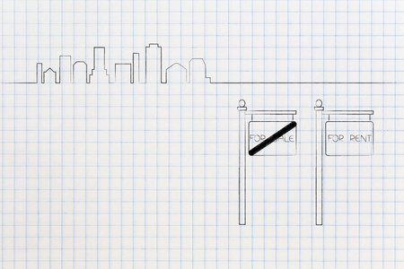 房地产市场概念说明 禁止出售面板旁边的租金一和城市天际线在后面