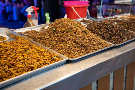 亚洲油炸昆虫街食品。竹蠕虫, 蚱蜢