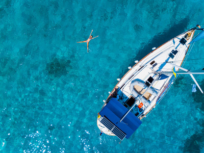 空中鸟瞰游艇在深蓝色的海。无人机摄影