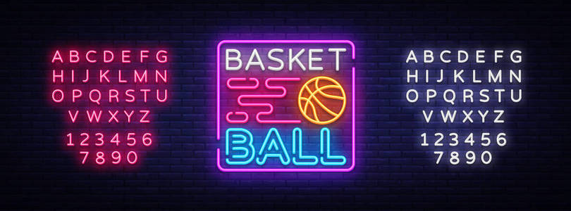 篮球夜霓虹灯标志向量。篮球霓虹灯标志, 设计模板, 现代潮流设计, 体育霓虹灯招牌, 夜明亮广告, 轻横幅, 轻的艺术。向量。编