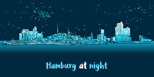 Skylinie 汉堡港口全景在晚上