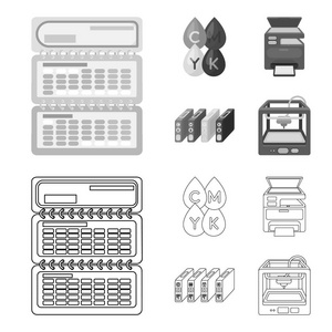 日历, 滴油漆, 墨盒, 多功能打印机。版式设置集合图标的轮廓, 单色样式矢量符号股票插画网站