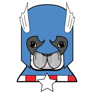 超级英雄符号作为法国斗牛犬的性格在蓝色，白色红色