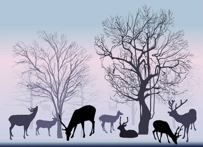 例证与鹿和冬天光秃的树