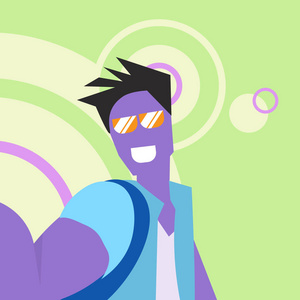 紫色卡通人物男人做自拍绿色背景眼镜神话人物党概念扁平