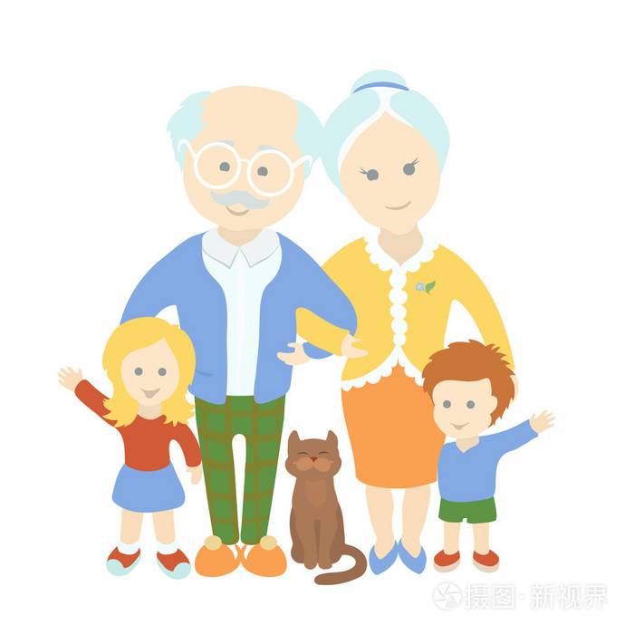爷爷奶奶的一天家庭快乐可爱的老夫妇与孙子
